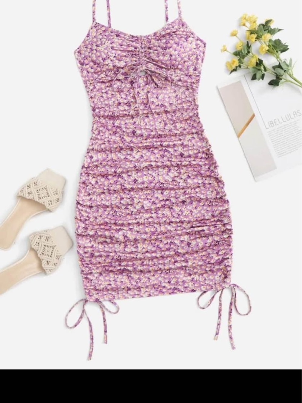 SHEIN Lavender Floral Ruched Tie-Front Midi Dress